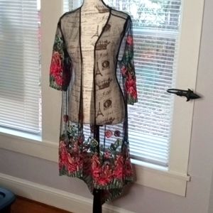 Vintage Mechant Sheer Heavily Embroidered Kemo/Wrap Black Florals Swim Cover